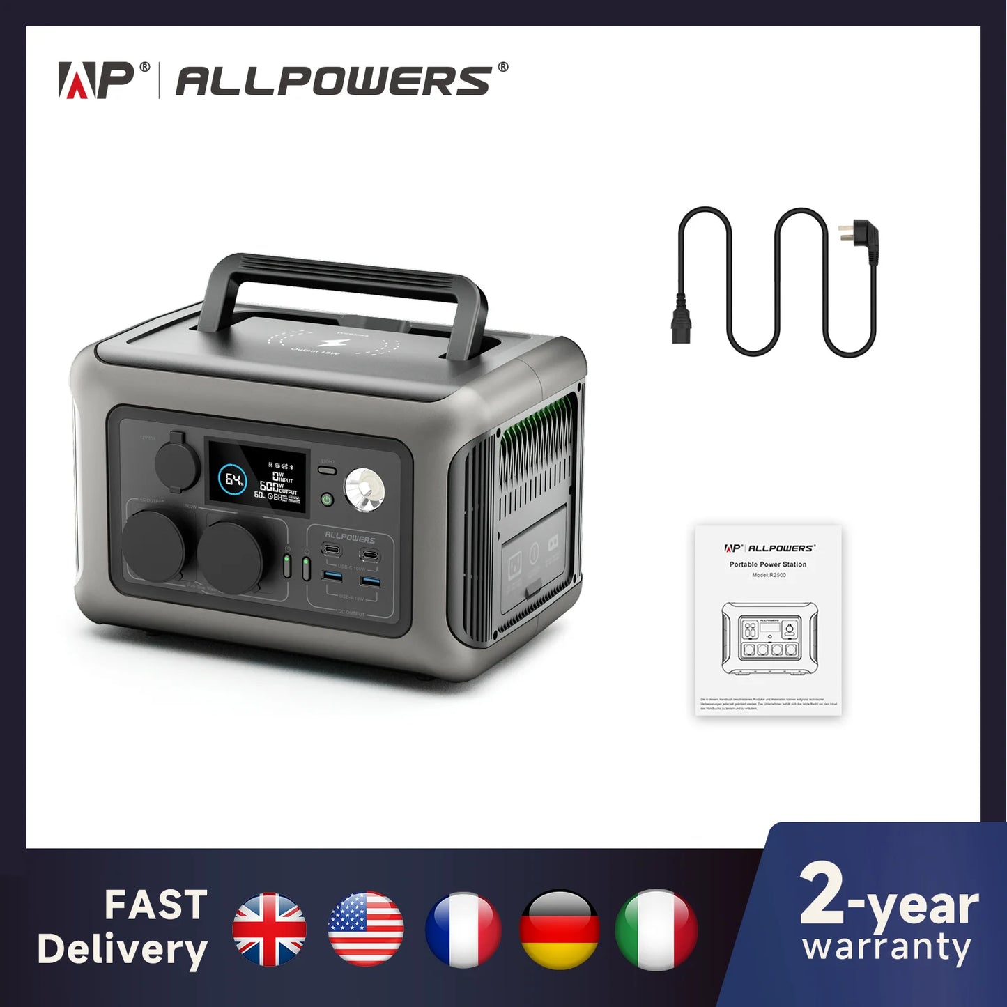 ALLPOWERS Draagbaar Powerstation R600, 299Wh LiFePO4-batterij met 2x 600W (1200W Piekvermogen) AC-stopcontacten voor Outdoor Camping, Camper en Thuisgebruik