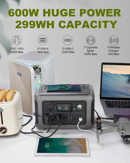 ALLPOWERS Draagbaar Powerstation R600, 299Wh LiFePO4-batterij met 2x 600W (1200W Piekvermogen) AC-stopcontacten voor Outdoor Camping, Camper en Thuisgebruik
