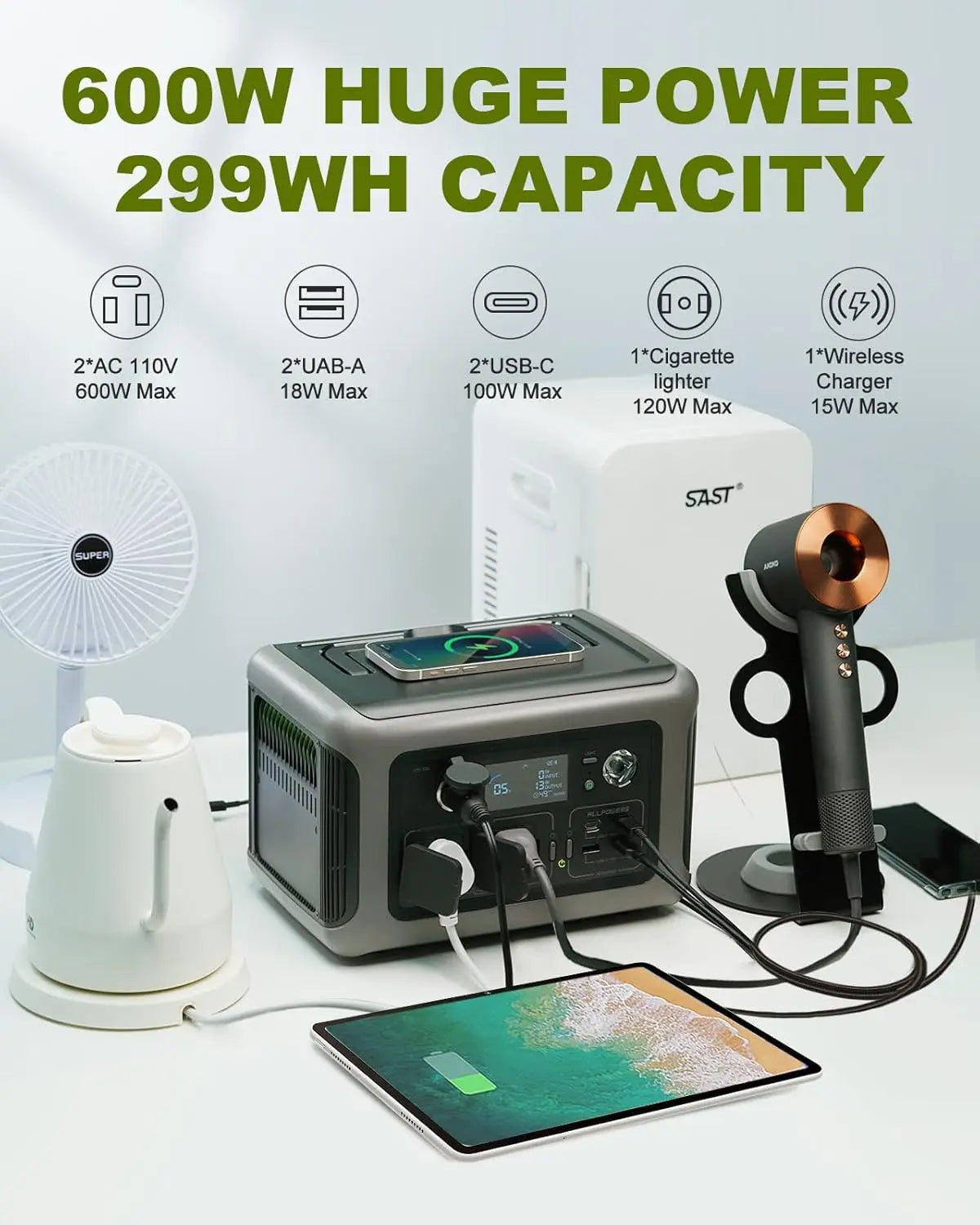 ALLPOWERS Draagbaar Powerstation R600, 299Wh LiFePO4-batterij met 2x 600W (1200W Piekvermogen) AC-stopcontacten voor Outdoor Camping, Camper en Thuisgebruik